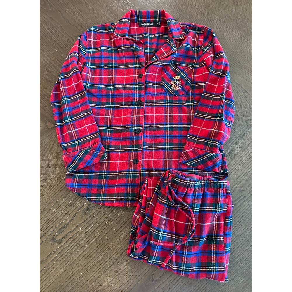Lauren Ralph Lauren Womens Red Plaid Flannel Pajama Set Crest Logo PS